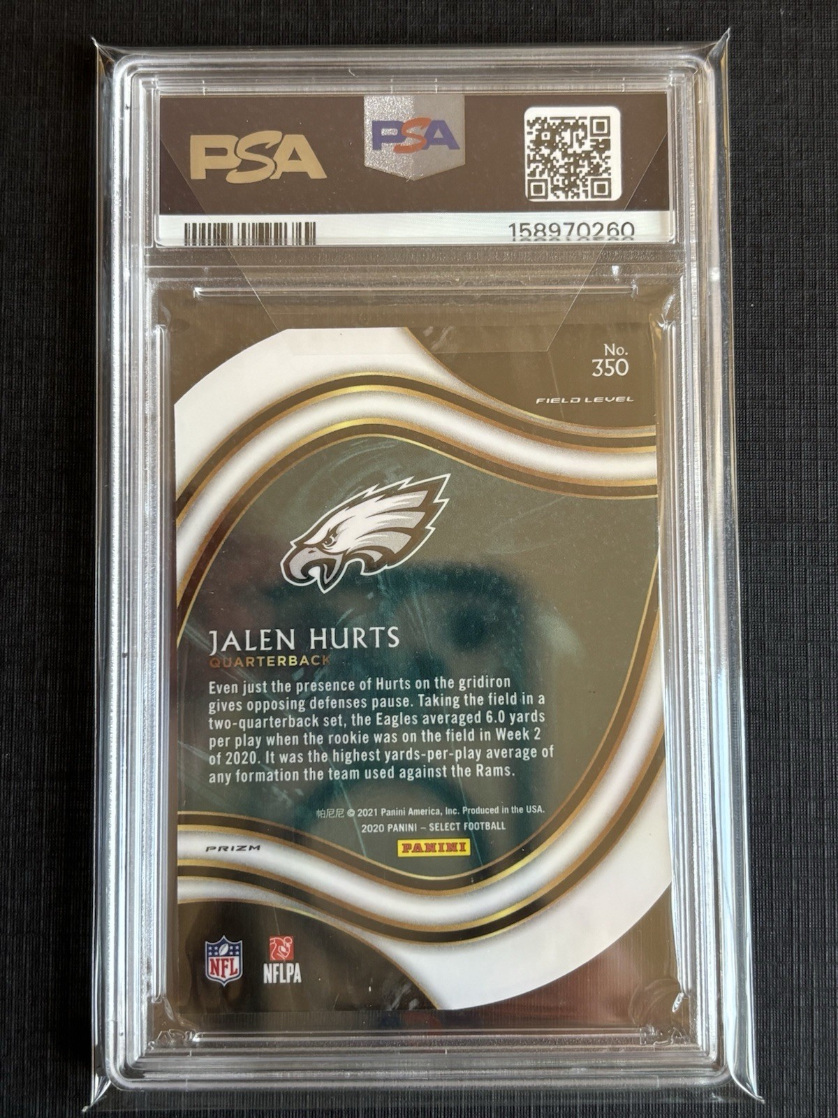 2020 Select - Field Level Jalen Hurts #350 Neon Green Prizm Die-Cut (RC) PSA 10 view 2