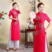 Women Vietnamese Ao Dai Dress 2PCS Cheongsam Dress Pant Embroidery Chinese Qipao