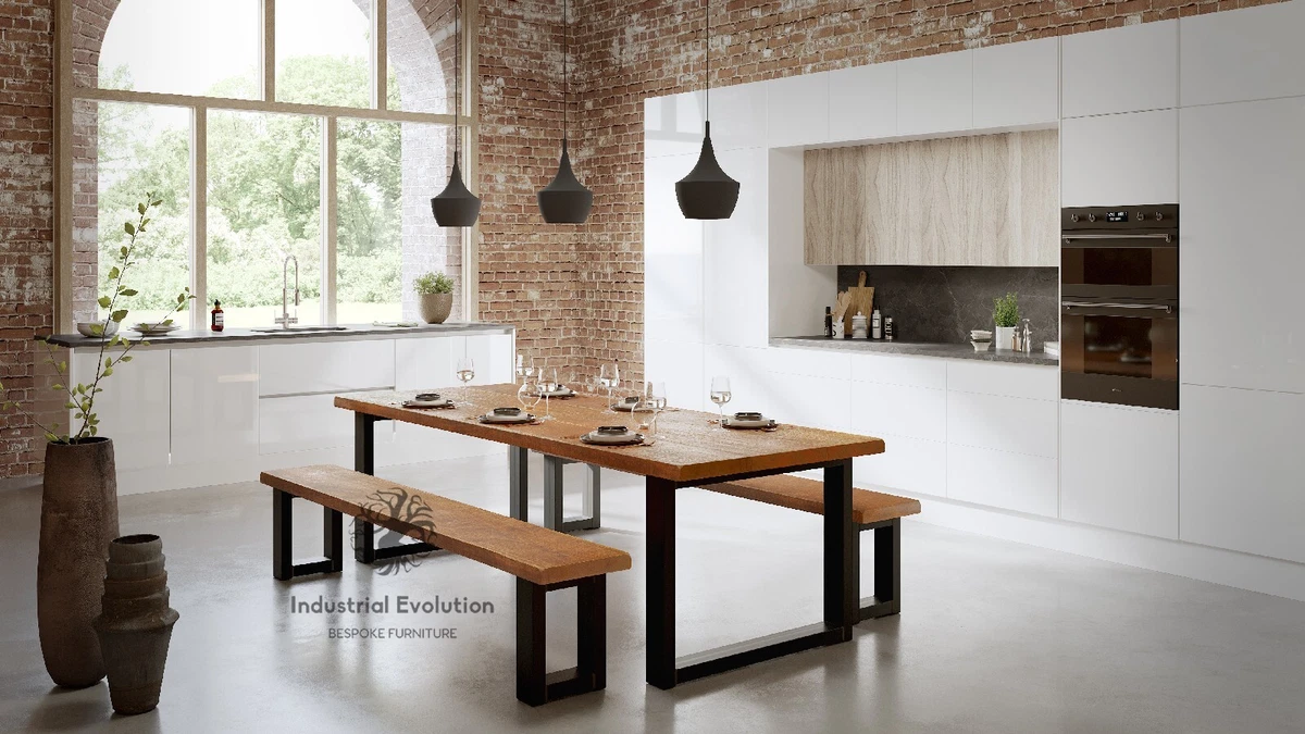 Industrial dining table and benches rustic modern design and space saving