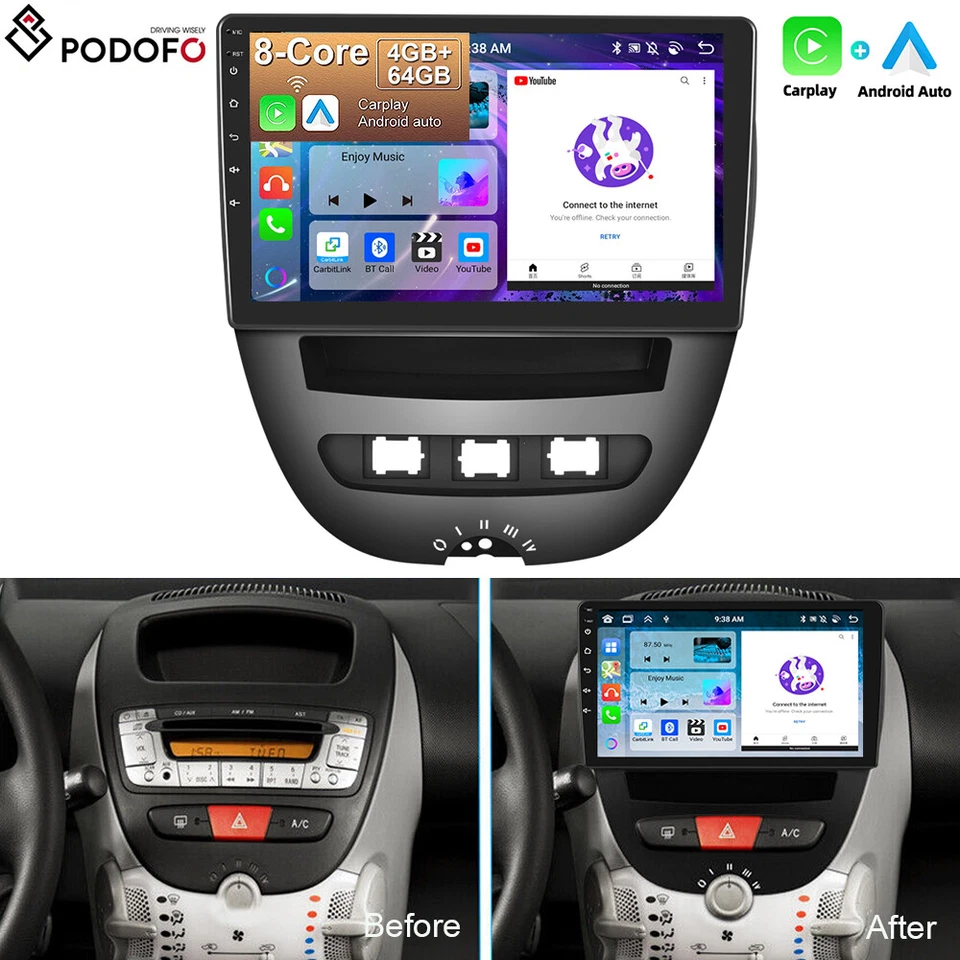 PODOFO 4+64G Android 15 Car Stereo Radio Carplay for Toyota Aygo Citroen C1 Peugeot 107