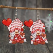 Wood Valentine's Day Gnome Dangling Earrings Printed on both sides