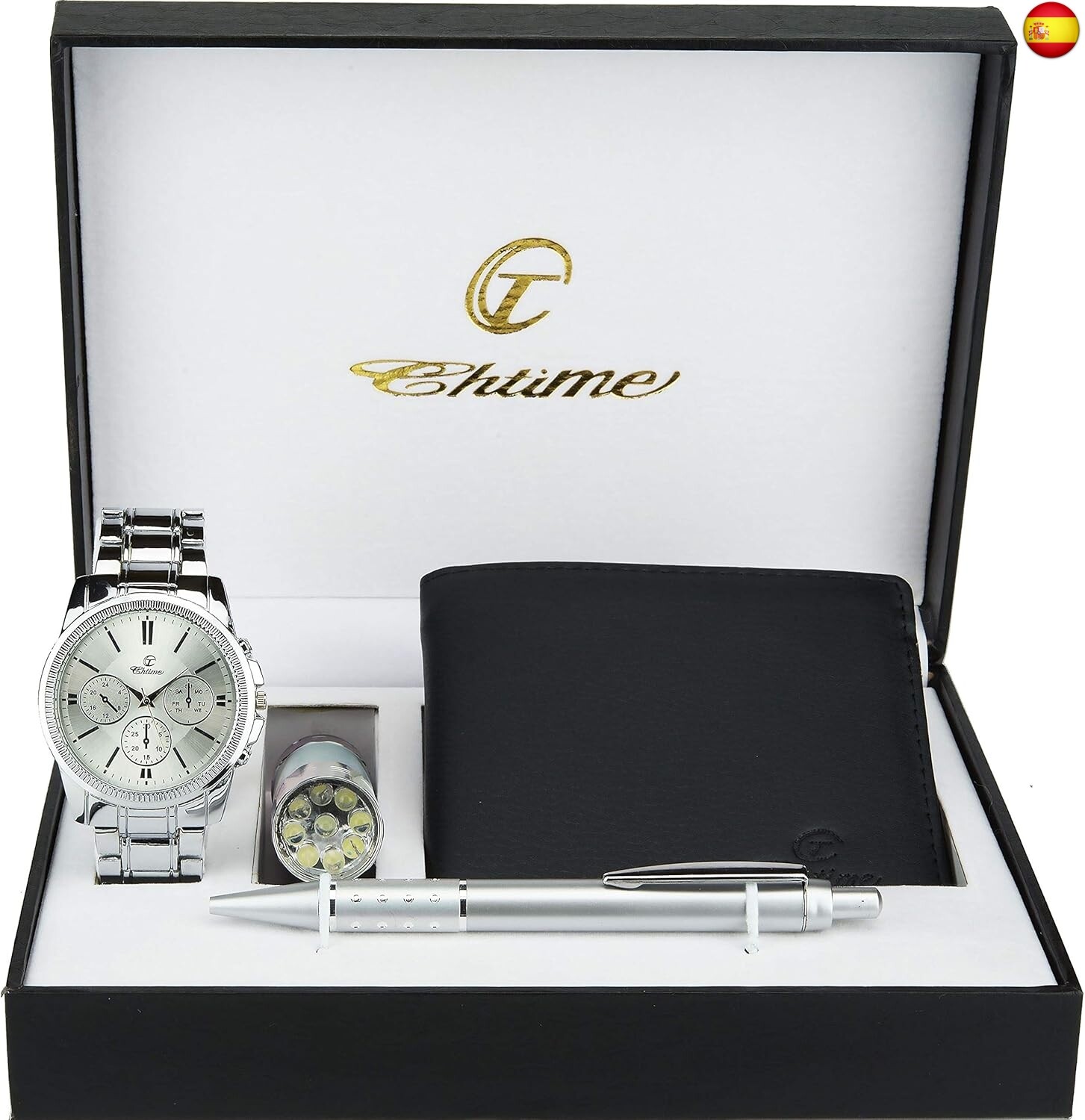 BELLOS - Caja de Regalo para Hombre ? Lámpara LED ? Cartera ? Bolígrafo, Plata,