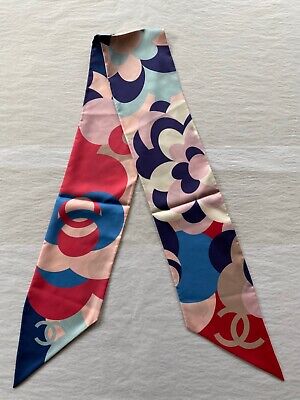 NEW 100%Auth Chanel 21P Blue/Red/Multi Camellia CC Logo Silk Long Twilly  Scarf