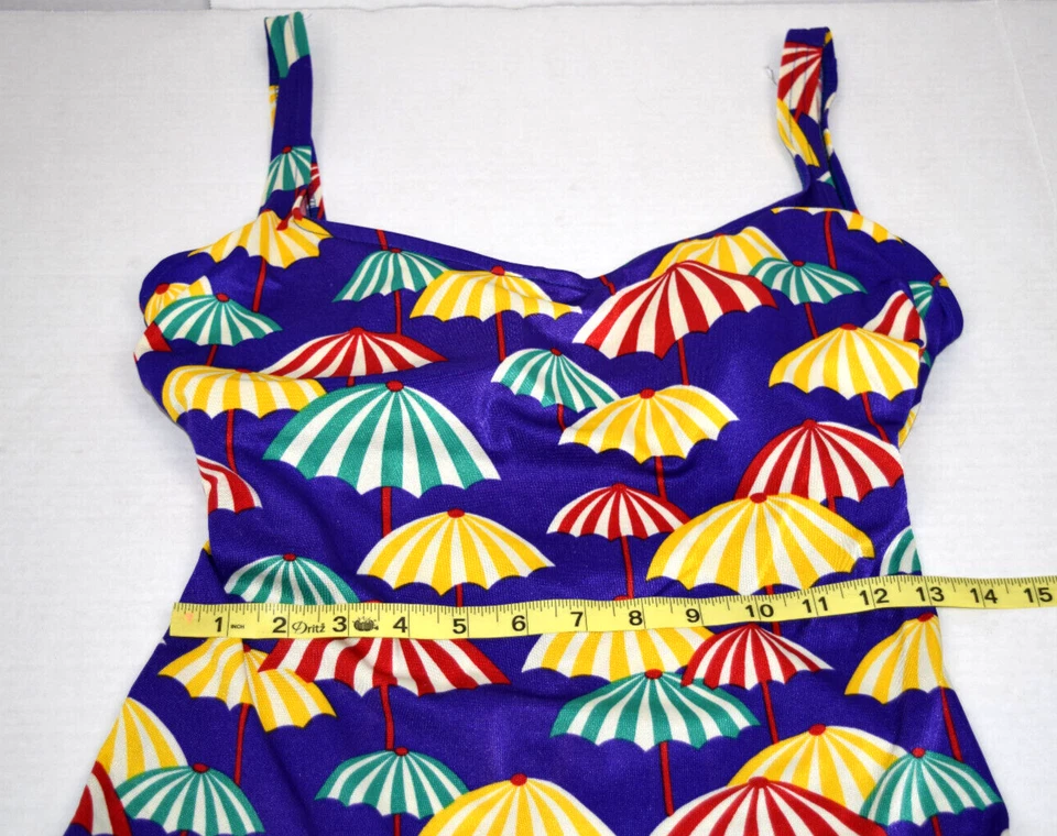 Traje de baño vintage talla M/L años 70 rosa Marie Reid color pop sombrillas azul una pieza Foto 4 de 4