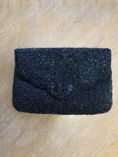 Partners Mervyns Black Satin Beaded Evening Bag Crossbody Clutch