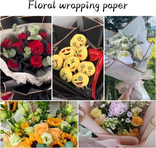 30 fogli carta da imballaggio impermeabile bordo oro fiori 57 cm con nastro e carte UK - Foto 4 di 9