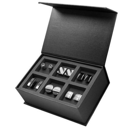 6 Paar Manschettenknöpfe in edler Geschenkbox Set Edelstahl schwarz silber matt  - Bild 1 von 8
