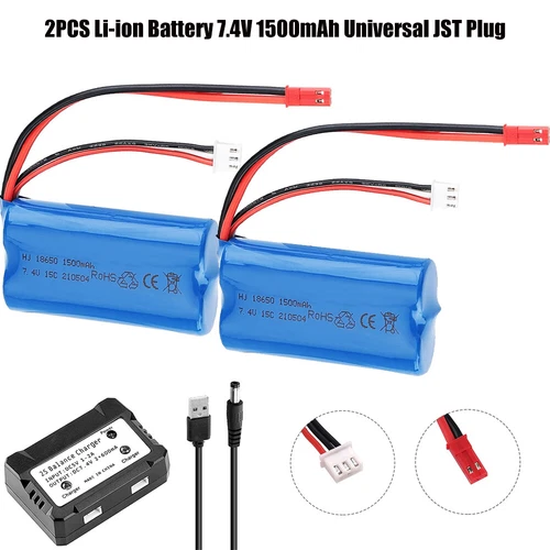 2x 7.4V 1500mAh Li-ion Battery JST Plug with Charger for RC Car Boat Helicopter