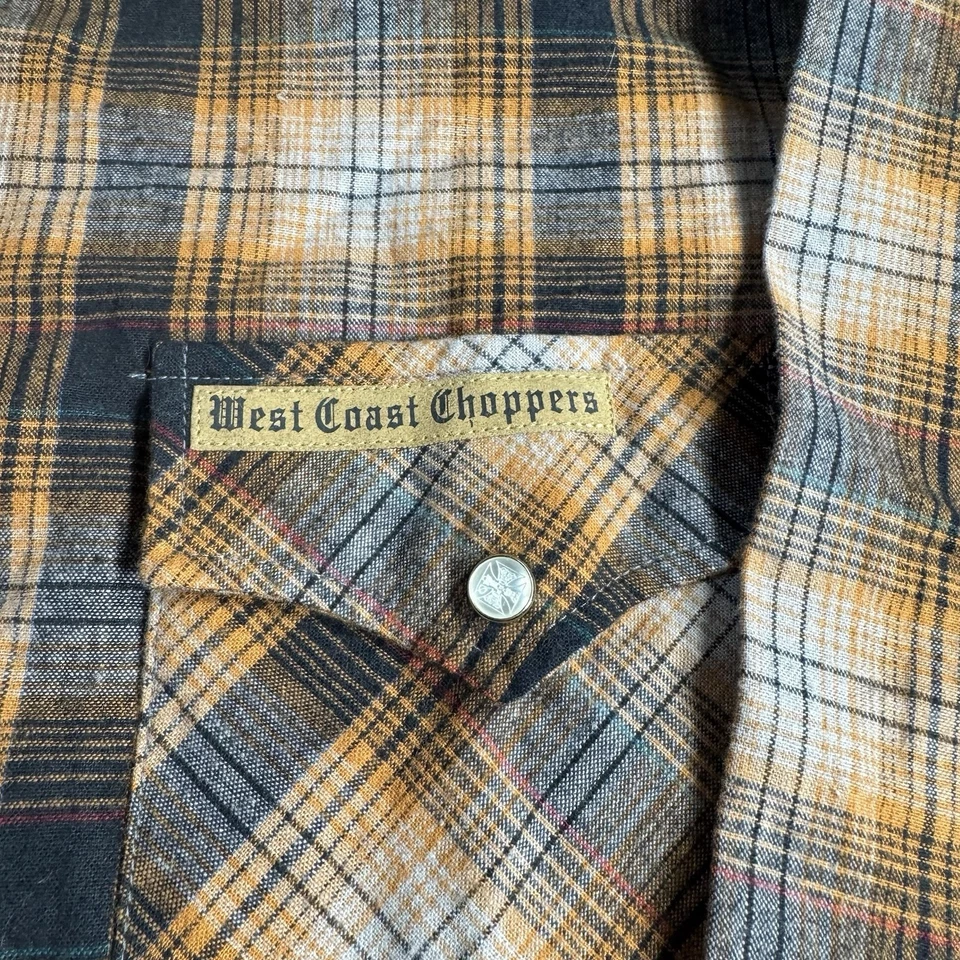 复古 Jesse James West Coast Choppers 工装 XL 骑行衬衫 珍珠 Snap 棕色 — 第 3/4 张图片