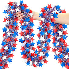 50FT 4Th of July Garland Red White and Blue Tinsel Garland Patriotic Star Garlan