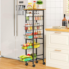 6 Tier Slim Storage Cart with Pull Out Basket, Wooden Top Rolling Kitchen Cart w