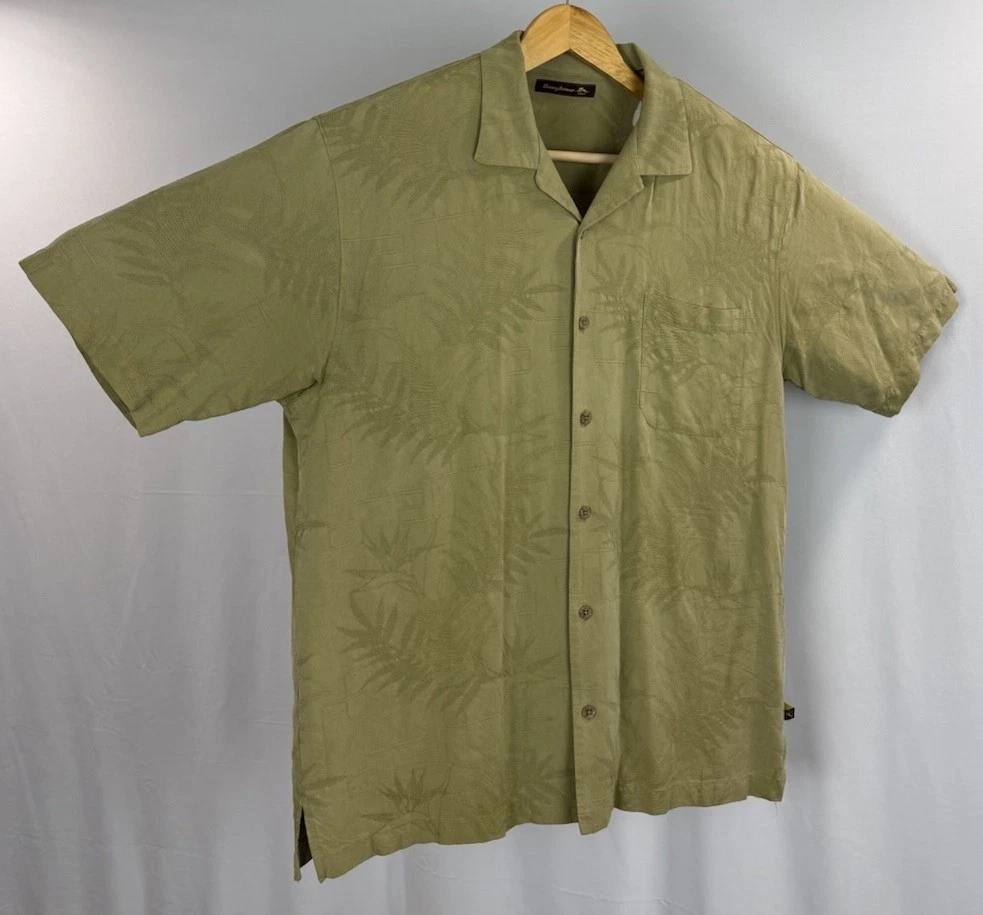 Tommy Bahama Silk Button-Up Shirt Mens XL Green Hawaiian Floral Embroidered READ