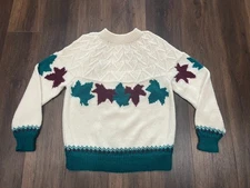 VTG Hand Knit Sweater Pullover Chunky L Cream Maple Leaf Granola Girl Granny