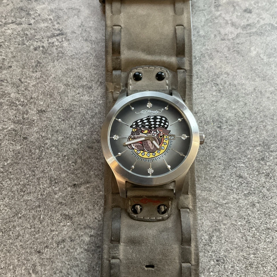 Ed Hardy Gladiator Bulldog Mens Watch 45mm Case Leather Cuff Band Bin B - Image 2 of 4