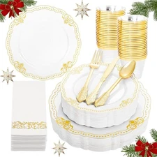 Elegant Gold Disposable Dinnerware Set 175 PCS White Plastic Plates Forks Knives