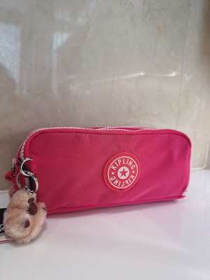 NWT Kipling Gitroy Pencil Case Cosmetic Case Happy Pink red Monkey Charm