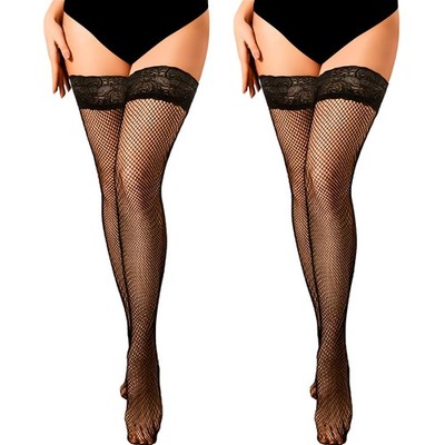Women's Fishnet Thigh High Stockings Sheer Hold-Up Hosiery Pantyhose 2 Pairs