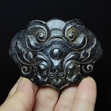 Old Chinese Hongshan Culture Black Magnet Jade Carving Pi Xiu Beast face Pendant