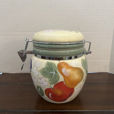 #ad Gibson Home Fruit Grove Handpainted Ceramic CANISTER Storage Jar W Clamp Lid VTG $14.45