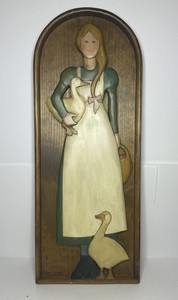Vintage Hand-carved Mother Goose Carved & Painted Wood  Wall Hang 22.5 Inches