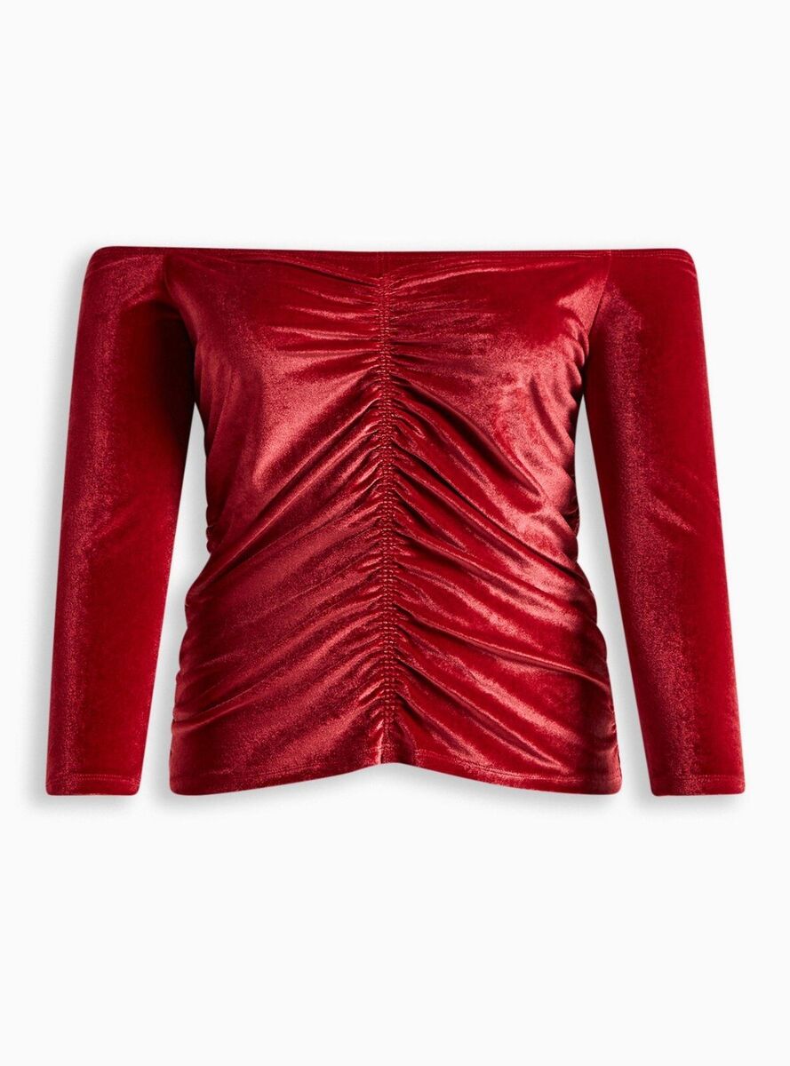Torrid Stretch Velvet Shirred Front Off The Shoulder Top Red Torrid Stretch Velvet Shirred Front Off The Shoulder Top Red