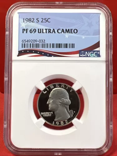 1982-S Washington Proof Quarter, Graded PF69 Ultra Cameo by NGC, Patriotic Label