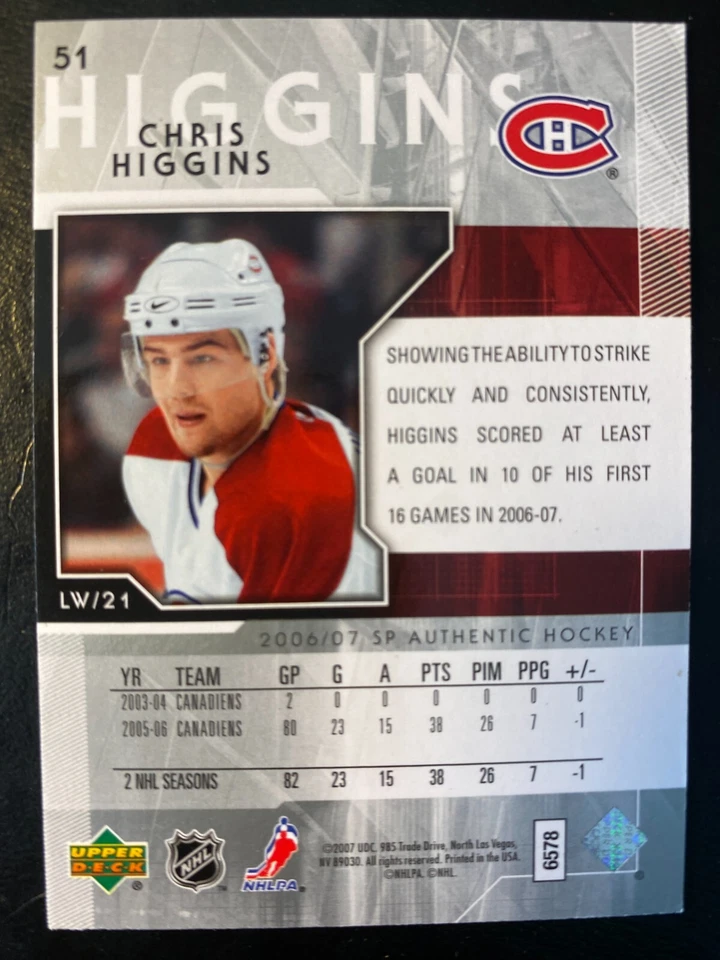Chris Higgins 2006-07 SP Authentic Upper Deck #51 Montreal Canadiens - Image 2 of 2