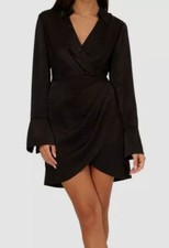 Adrianna Papell Women's Black V-Neck Satin Mini Shirt Dress Sz 10