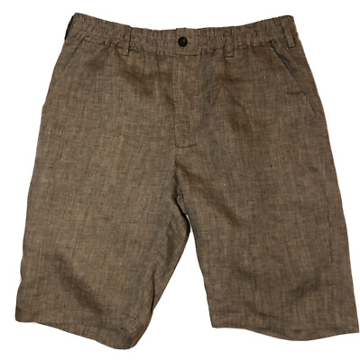 Puro Lino Flat Front Elastic Waist Shorts 100% Linen Mens XL Brown