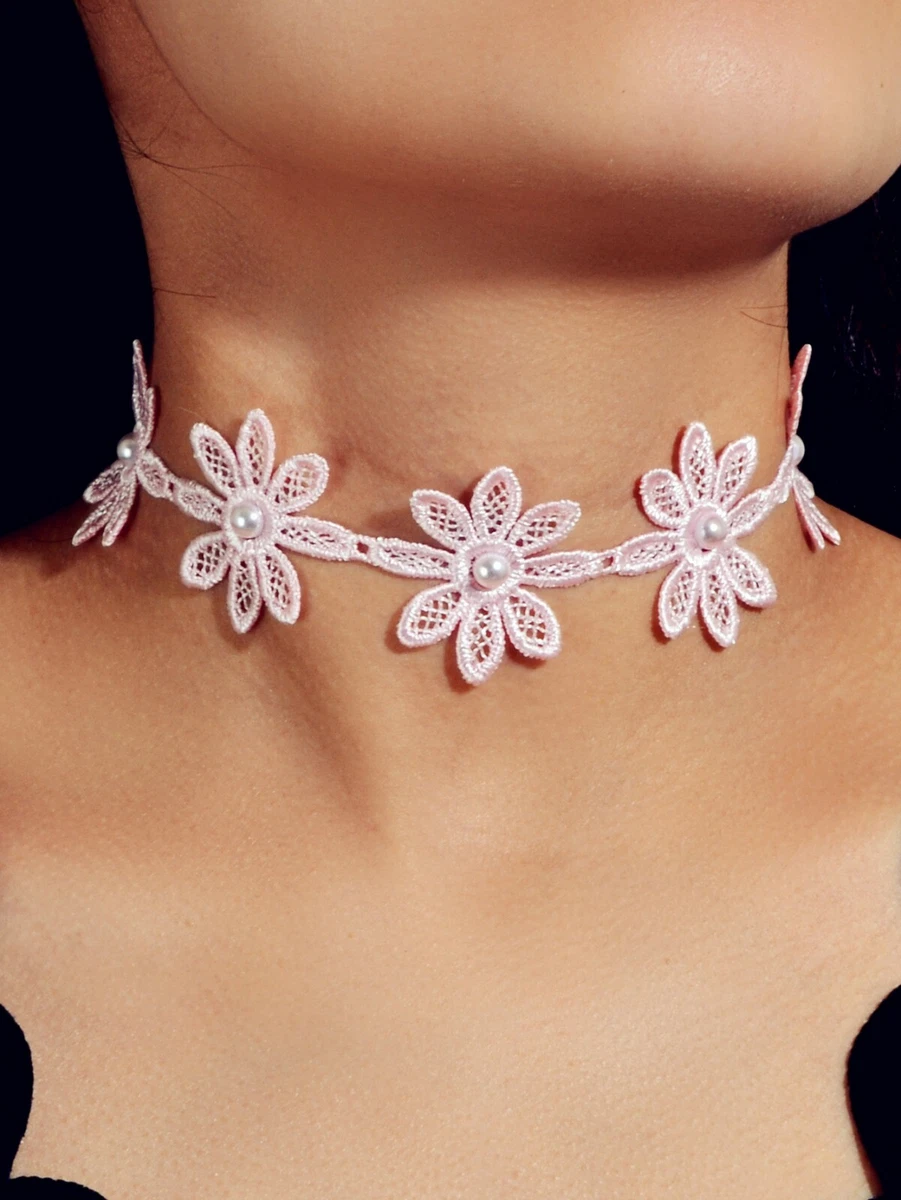 Sweet Pearl Pink Lace Hollow Flower Tattoo Choker Necklace Teens