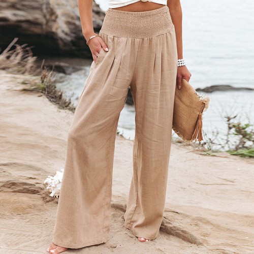 Pantalones largos informales de algodón y lino de pierna ancha para mujer cintura elástica pantalones - Imagen 6 de 14