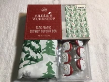 Winter Wonder Lane Fabric Shower Curtain Trees & snowman Hat Hooks 72" x 72"