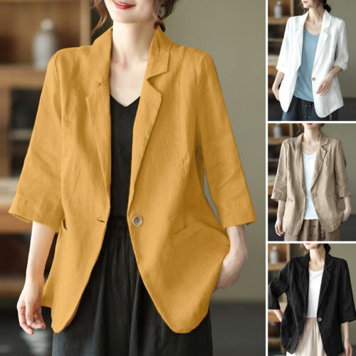 Womens Long Sleeve Cotton Linen Blazer Coat Ladies Baggy Lapel Jacket Outwear  - Picture 1 of 13