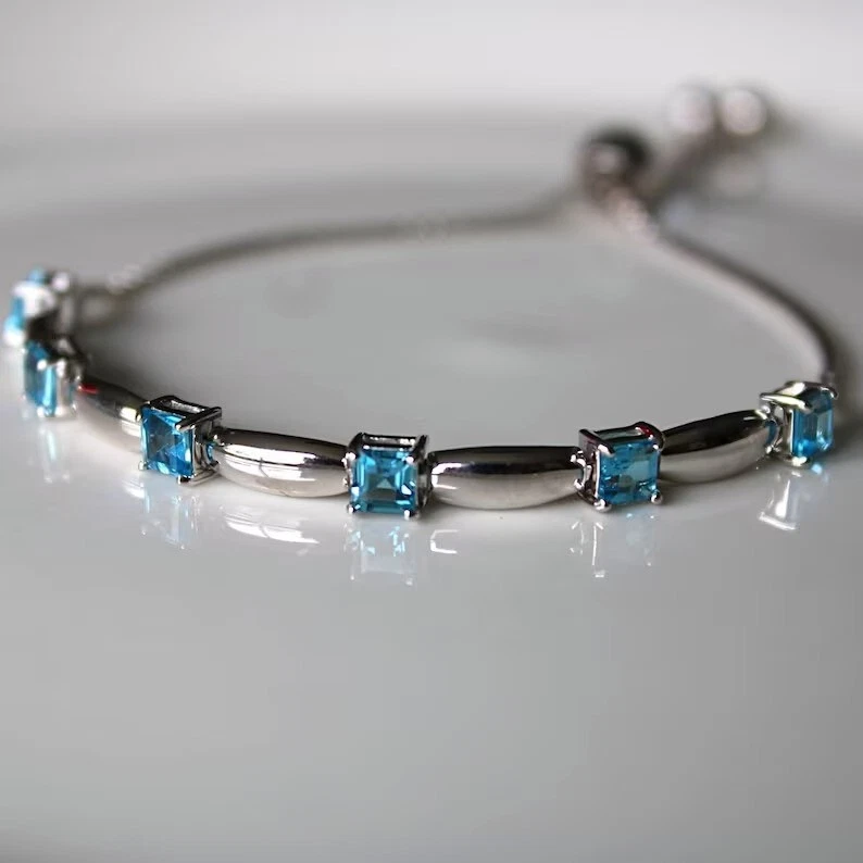 Princess Simulated Blue Topaz Women's Stunning Bracelet In 14k White Gold Plated - Image 2 of 4