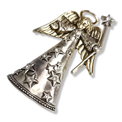 Vintage JJ Jonette Style Brooch Pin Angel W/ Halo Rhinestone Star Wand 1980's