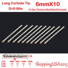 Drill Bit Set 10 Pcs 6mm Carbide Tip Brick, Tile, glass, ceramic Wood