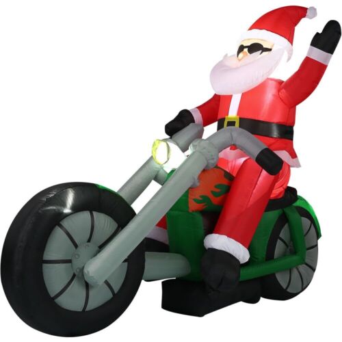 Fraser Hill Farm 6-Ft. Wide Motorcycle Santa Blow Up Inflatable with Lights O...