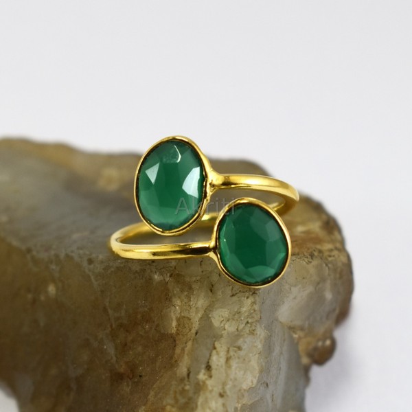 Alternate view of Good Health Double Green Onyx 925 Sterling Silver Ring Gold Plated Handmade