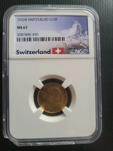 SWITZERLAND 1922 B 10 FRANCS GOLD NGC MS67