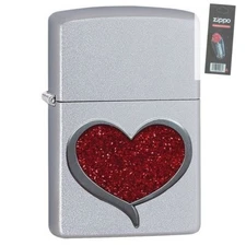 Zippo 29410 Heart Emblem Satin Chrome Finish Full Size Lighter + FLINT PACK