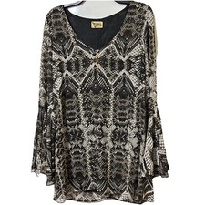 Show Me Your Mumu Woman Tunic Top Size M Black/Grey Snakeskin Print Bell Sleeve
