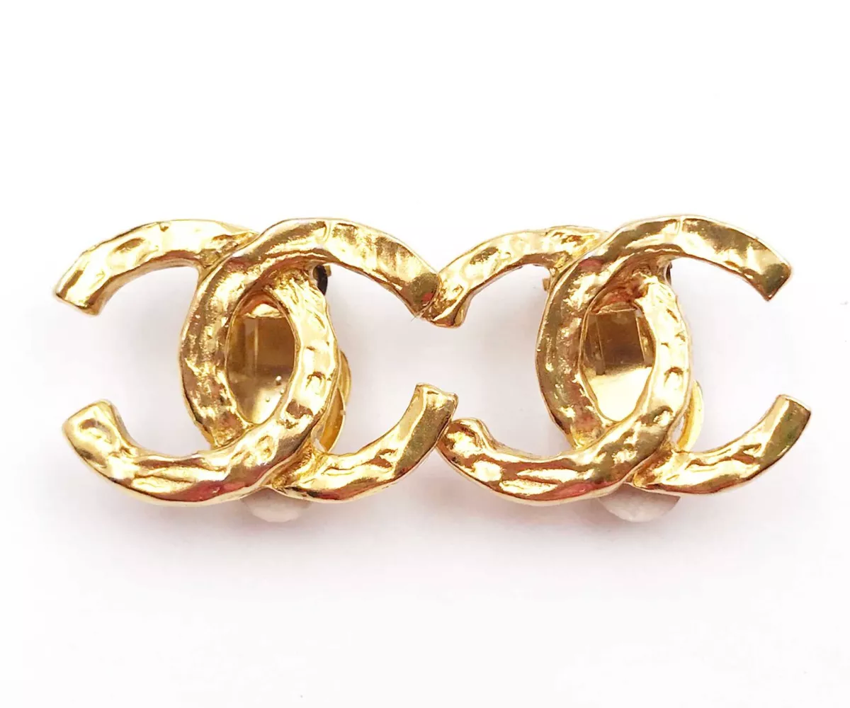 Chanel Vintage Gold Plated Hammered Texture CC Clip on Earrings