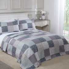 Chiltern Bedspread Plus Pillow Shams Set Quilted Patchwork Grey/Blue Bedspreads