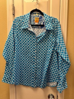 Ruby Rd. Plus 16W Blue/White Geometric Woven Cotton Collared Long Sleeve Shirt