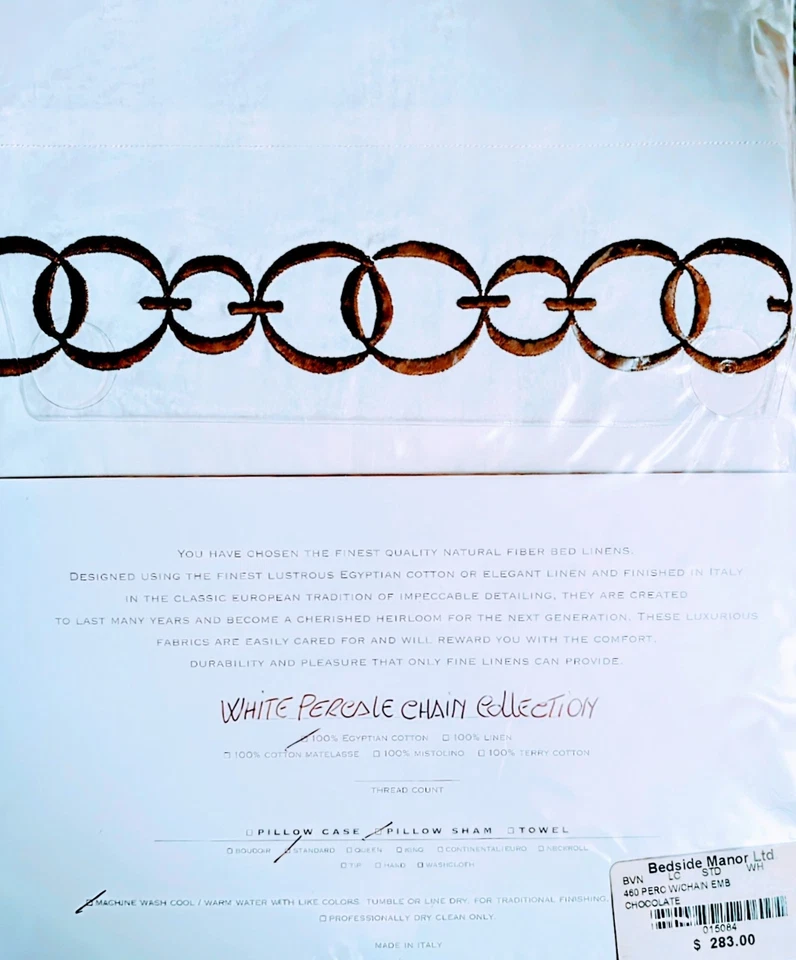 NWT Bagni Volpi Noemi Italy Std Sham White Percale Chain Chocolate 460TC. - Image 2 of 3