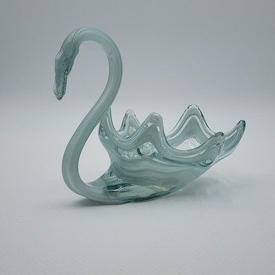 Vintage Ice Blue Slag Art Glass Swan Bowl Pulled Ruffled Wings MCM Centerpiece