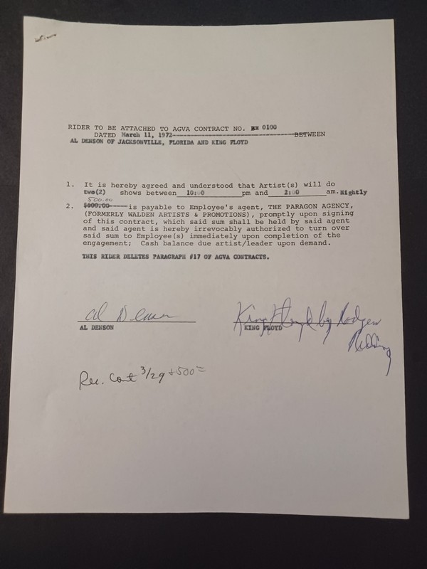 Rodgers Redding & Al Denson Signed 1972 King Floyd Contract - Soul, Blues - Otis
