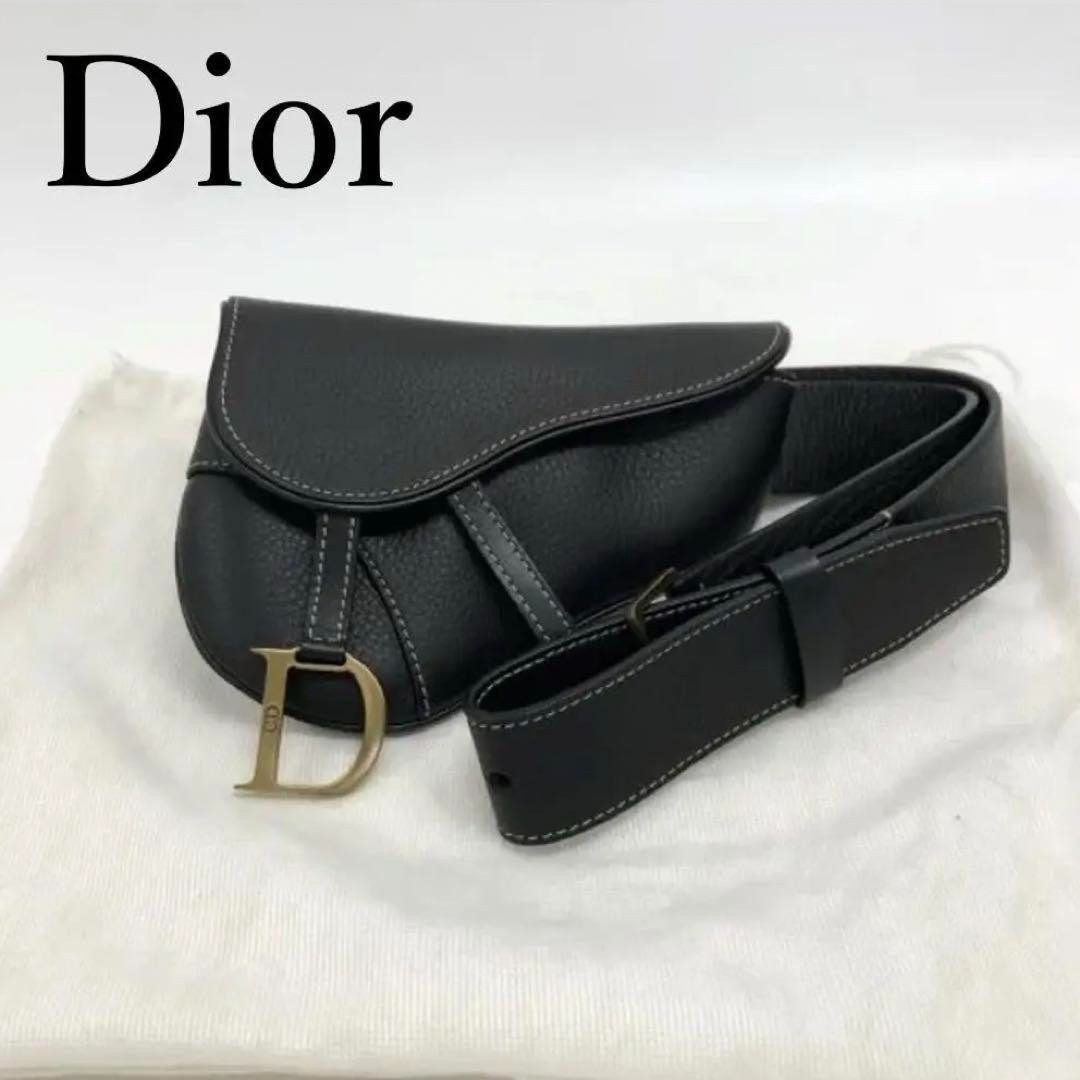 Authentic Christian Dior Black Leather Saddle Pouch Waist Bag