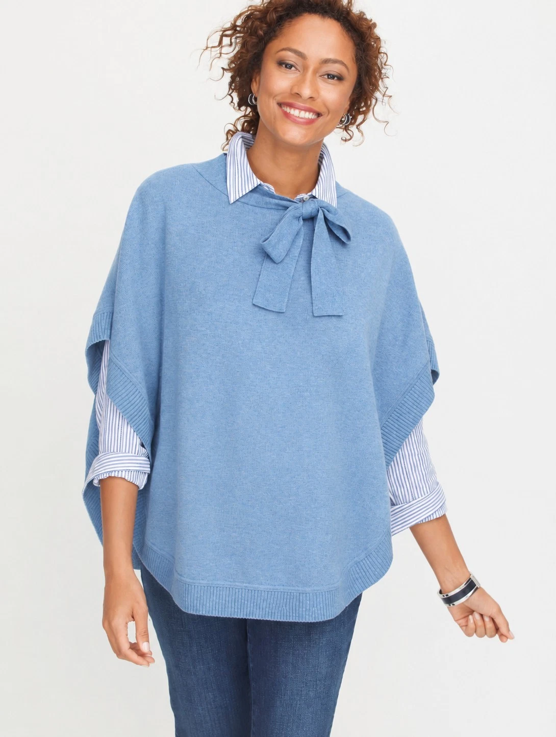 Talbots Cape Poncho Pullover Womens Light Blue Super Soft Bow At Neck Sz L