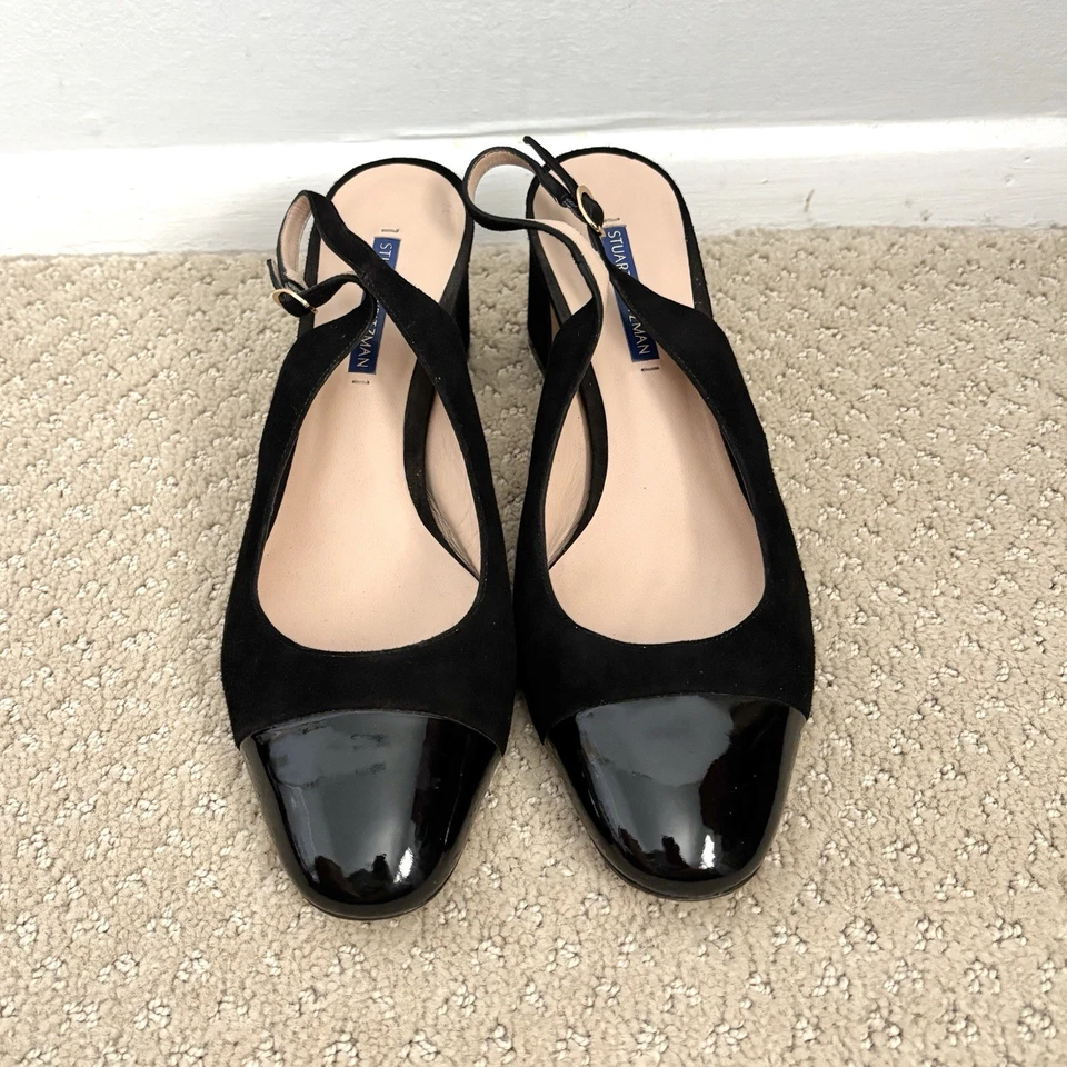 Stuart Weitzman Loraina Black Suede Leather Cap Toe Slingback Pumps Women’s 9.5 - Image 3 of 4
